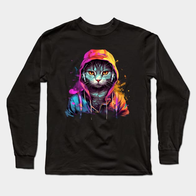 Cat in Hoodie Long Sleeve T-Shirt by WahomeV